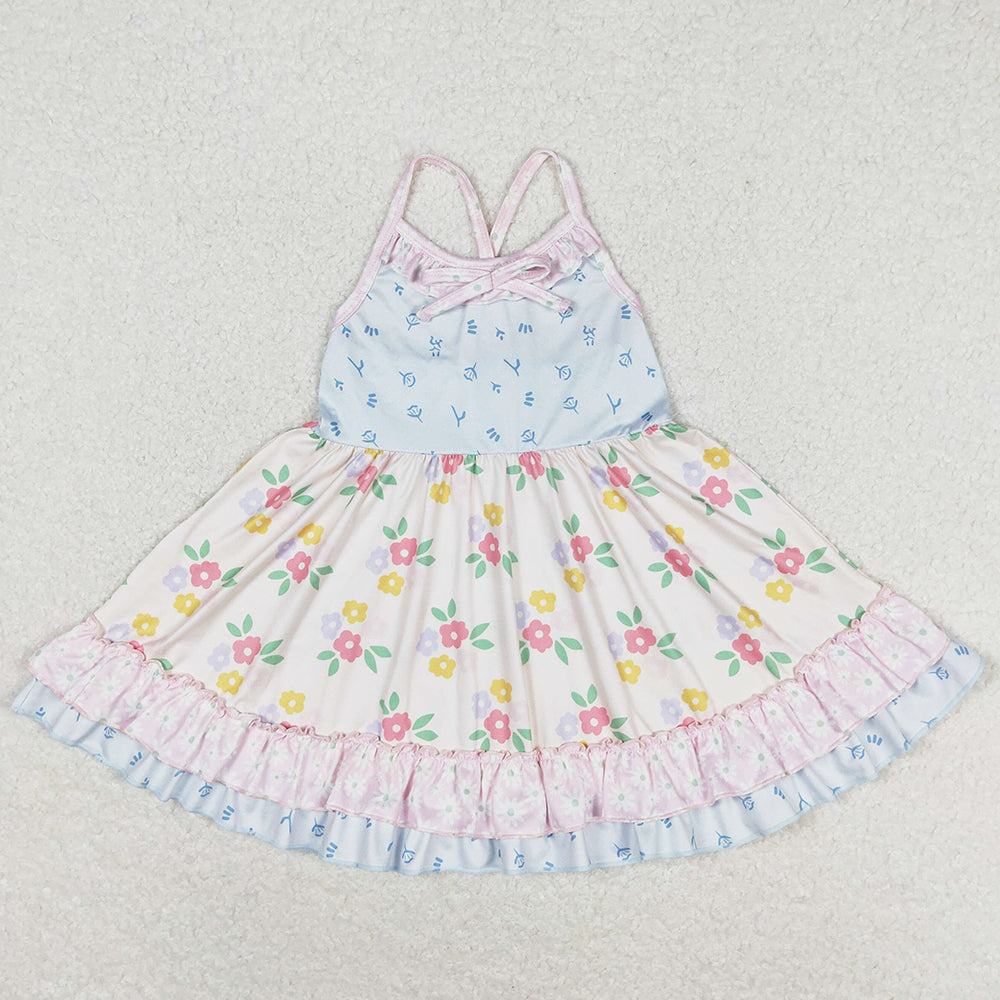 Baby Girls Dress Straps Blue Small Flowers Ruffle Knee Length Dresses GSD0882