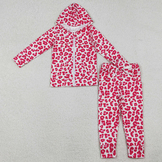 Baby Girls Clothes Pink Leopard Zipper Pockets Hoodies Top Joggers Clothes Sets GLP2790 10.20