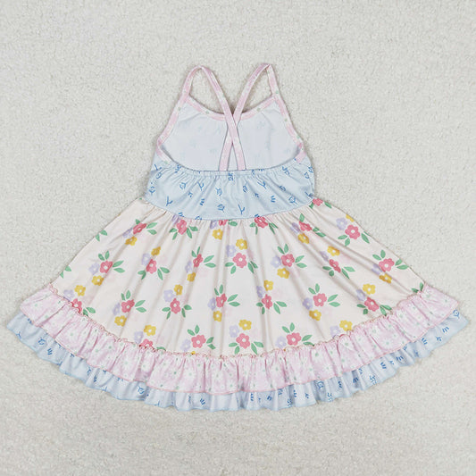 Baby Girls Dress Straps Blue Small Flowers Ruffle Knee Length Dresses GSD0882