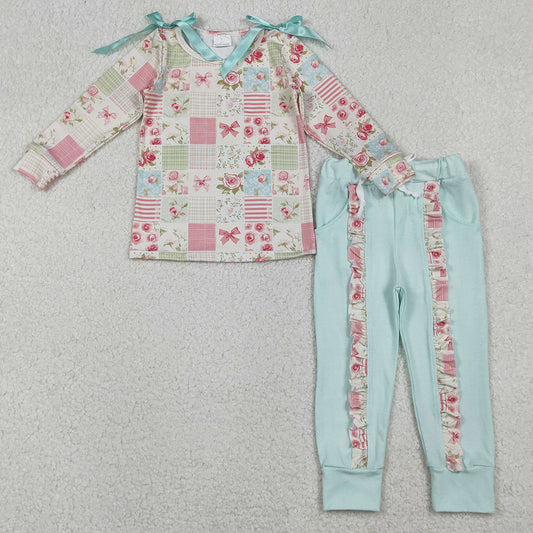 Baby Girls Clothes Flowers Checked Bows Top Ruffle Pockets Pants Clothes Sets GLP2551 11.3