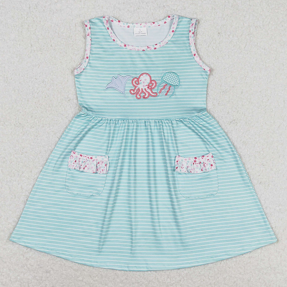 Baby Girls Dress Blue Stripes Octopus Flutter Sleeve Knee Length Dresses GSD0963