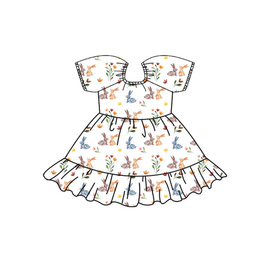 Preorder (moq 5)Baby Girls Colorful Flowers Rabbits Easter Ruffle Knee Length Dresses 12.2