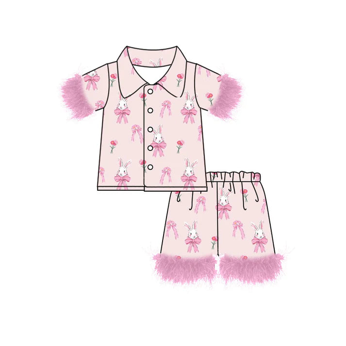 Preorder (moq 8)Baby Girls Flowers Rabbits Bows Button Top Shorts Easter Fur Pajamas Sets 9.17