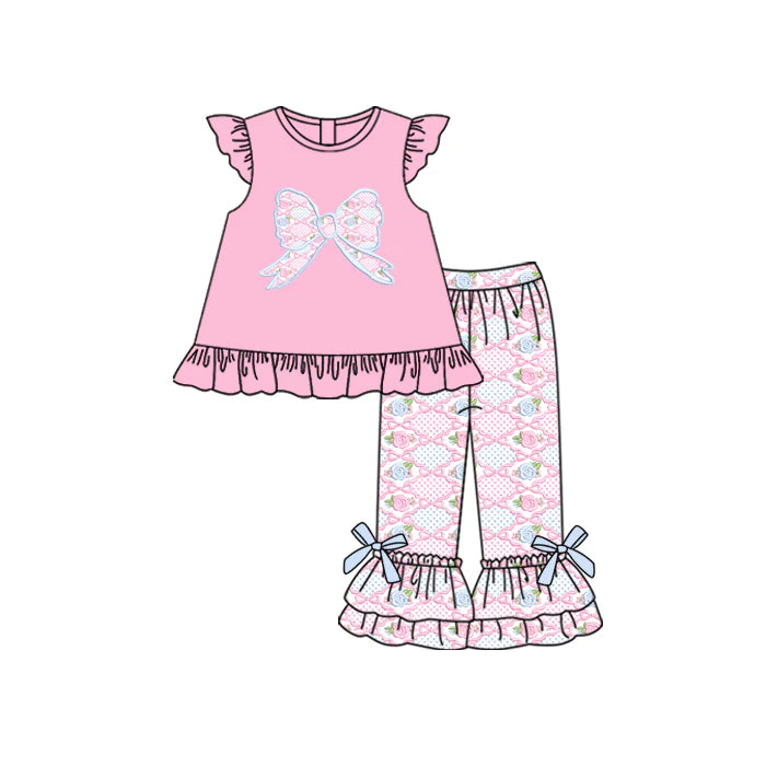 Preorder (moq 5)Baby Girls Pink Flutter Sleeves Floral Bows Tunic Ruffle Pant Set 5.19