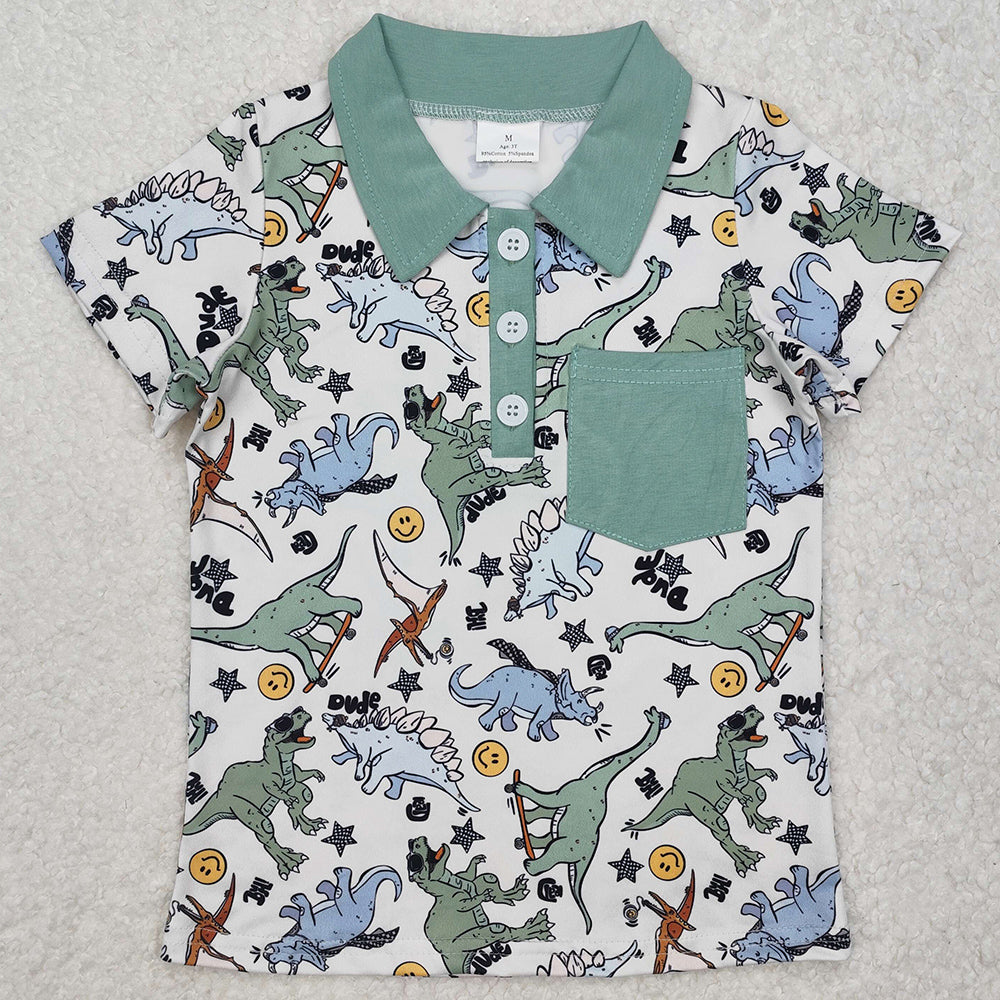 Baby Boys T-shirts Green Dinosaurs Pocket Buttons Shirts BT1133