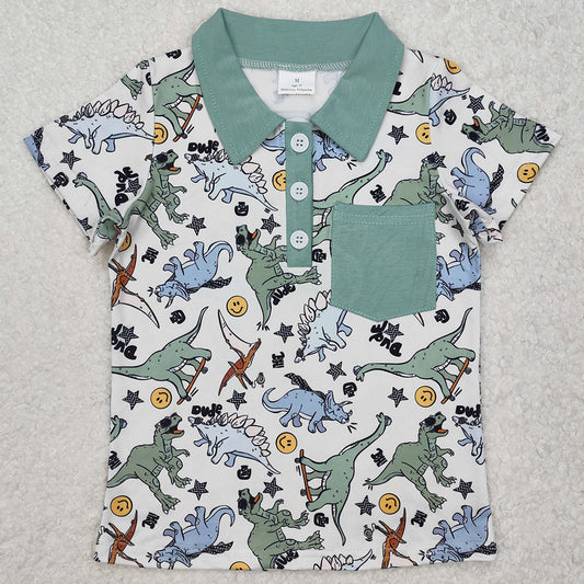 Baby Boys T-shirts Green Dinosaurs Pocket Buttons Shirts BT1133