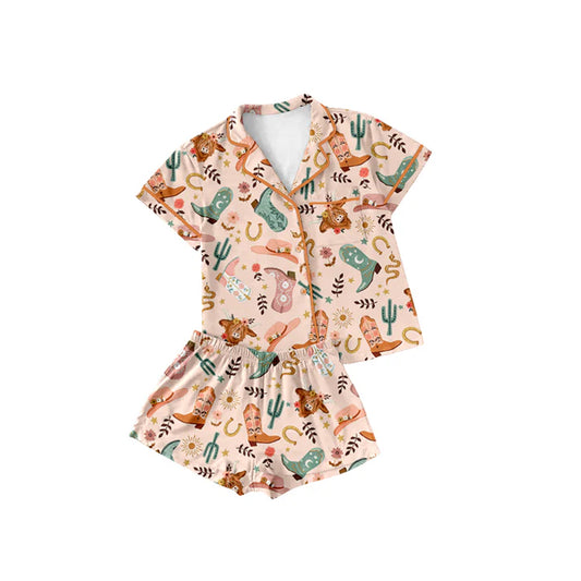 Preorder (moq 5)Baby Girls Pink Short Sleeves Button Pocket Boots Cactus Top Short Pajamas Set 5.13