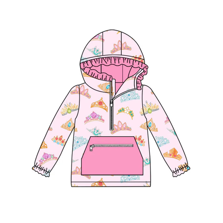 Preorder (moq 8)Baby Girls Colorful Crowns Pocket Zipper Ruffle Hoodies Top 9.9
