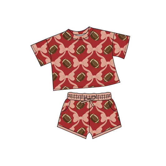 Preorder(moq 5) Baby Girls Bows Footballs Checked Top Pockets Shorts Team Clothes Sets 10.4