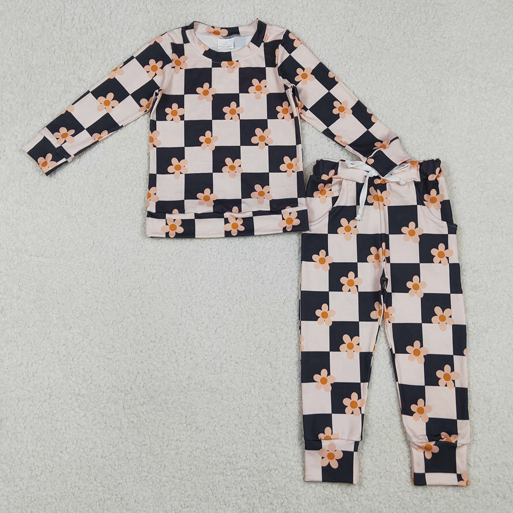 Baby Girls Clothes Pink Black Checked Flowers Top Pockets Jogger Pants Clothes Set GLP2803 11.1