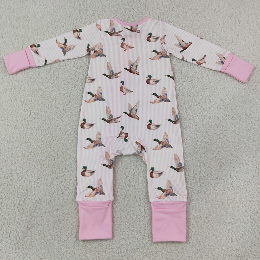 Baby Girls Rompers Pink Stripe Ducks Hunting Two Way Zip Convertible Rompers LR3218