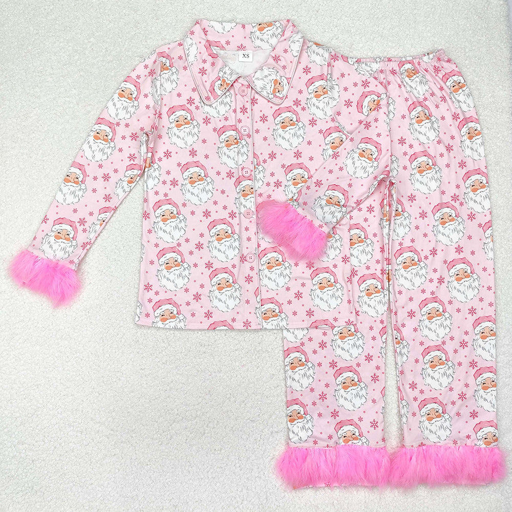 Adult Women Pajamas Christmas Pink Santa Tops Pants Fur Pajamas GLP1901