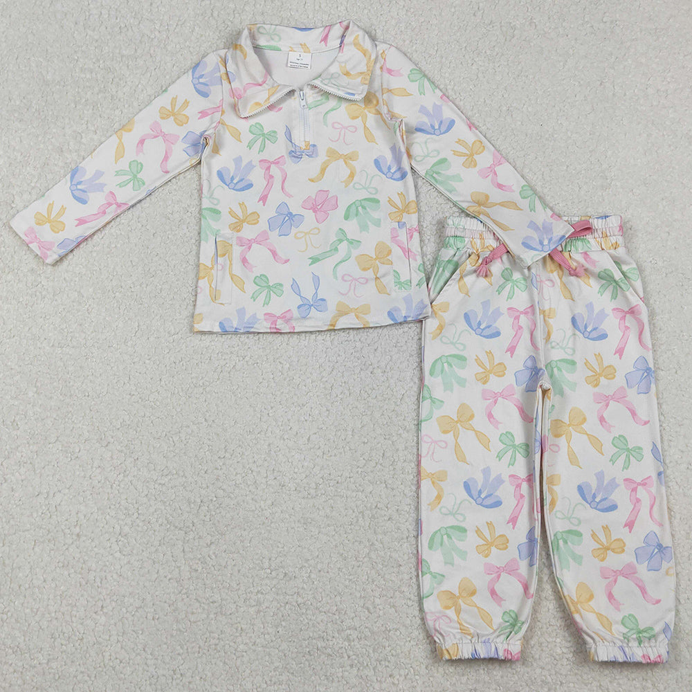 Baby Girls Clothes Colorful Bows Pockets Zipper Pullover Jogger Pants Clothes Sets GLP2886 11.1