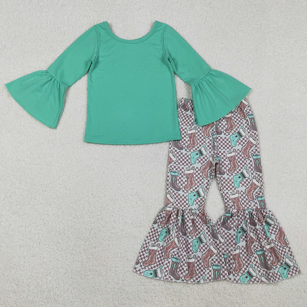 Baby Girls Clothes Aqua Top Cactus Boots Bell Bottom Pants Western Clothes Sets GLP3036 11.7