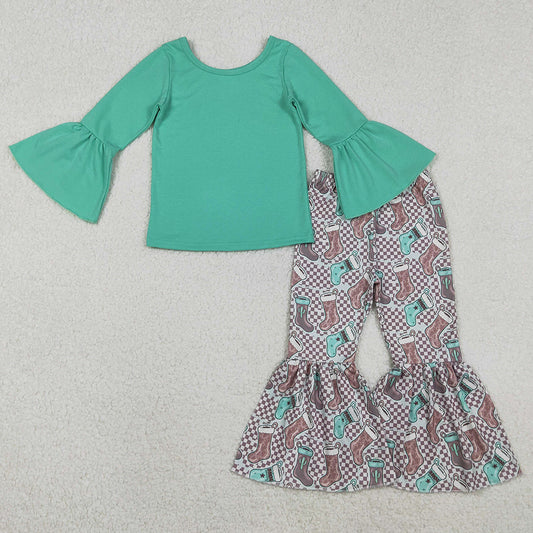 Baby Girls Clothes Aqua Top Cactus Boots Bell Bottom Pants Western Clothes Sets GLP3036 11.7