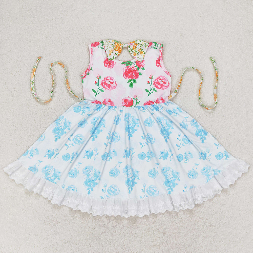 Baby Girls Dress Pink Flowers Blue Belt Floral Ruffle Knee Length Dresses GSD0987
