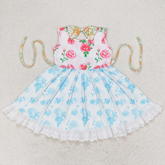 Baby Girls Dress Pink Flowers Blue Belt Floral Ruffle Knee Length Dresses GSD0987