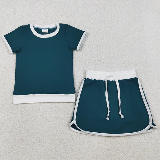 Baby Girls Clothes Dark Green Short Sleeve Top Skirt Shorts Cotton Clothes Sets GSD3670