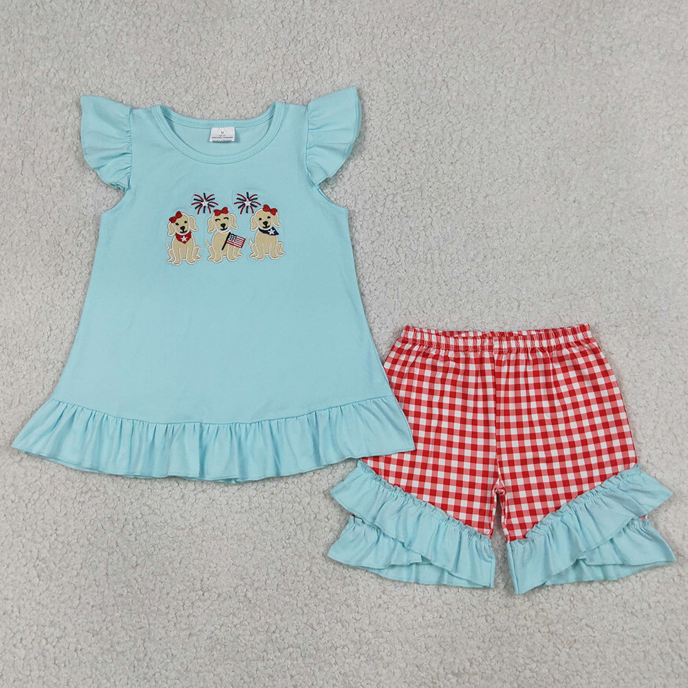 Baby Girls Clothes Embroidery Flag Dogs Tunic Checked Ruffle Shorts 4th of July Clothes Sets GSSO3356