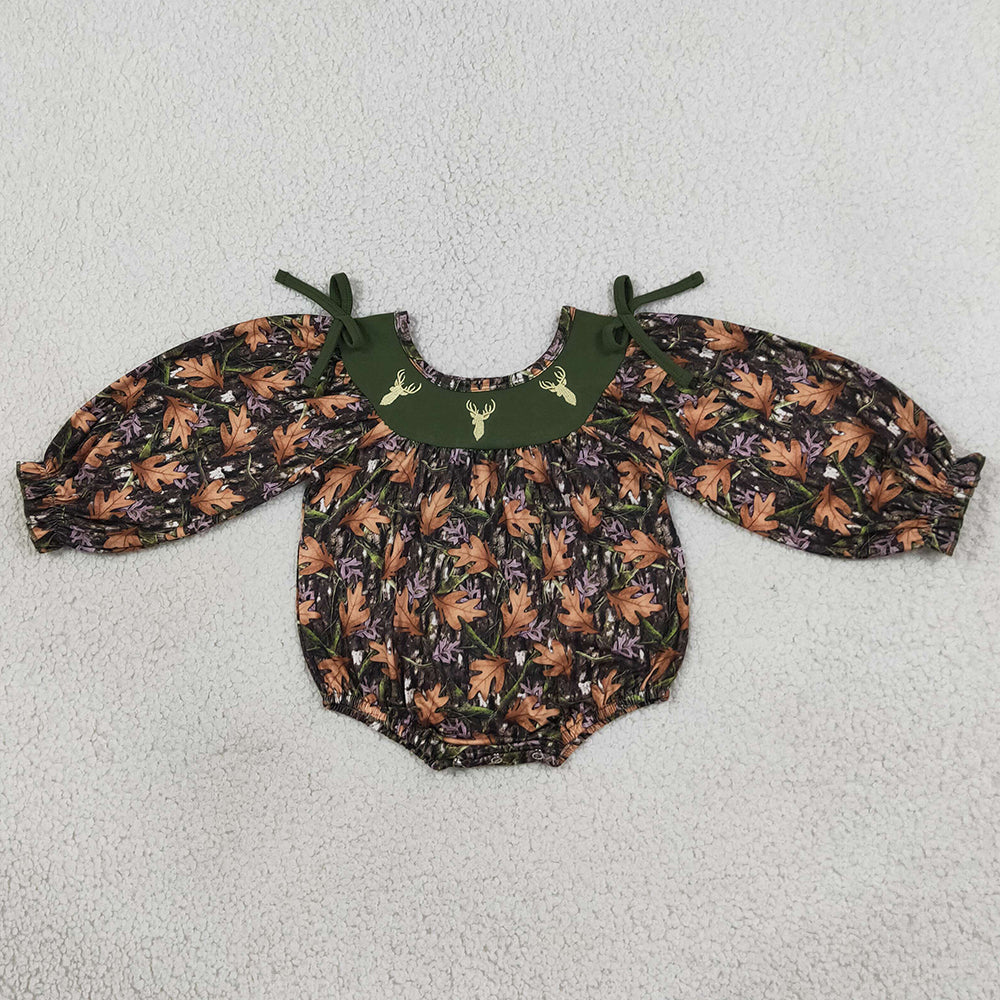 Baby Girls Rompers Embroidery Deer Green Leaves Camo Hunting Bows Romper LR2728