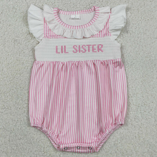 Baby Girls Rompers Smocked Little Sister Pink Stripe Collar Ruffle Rompers SR3593