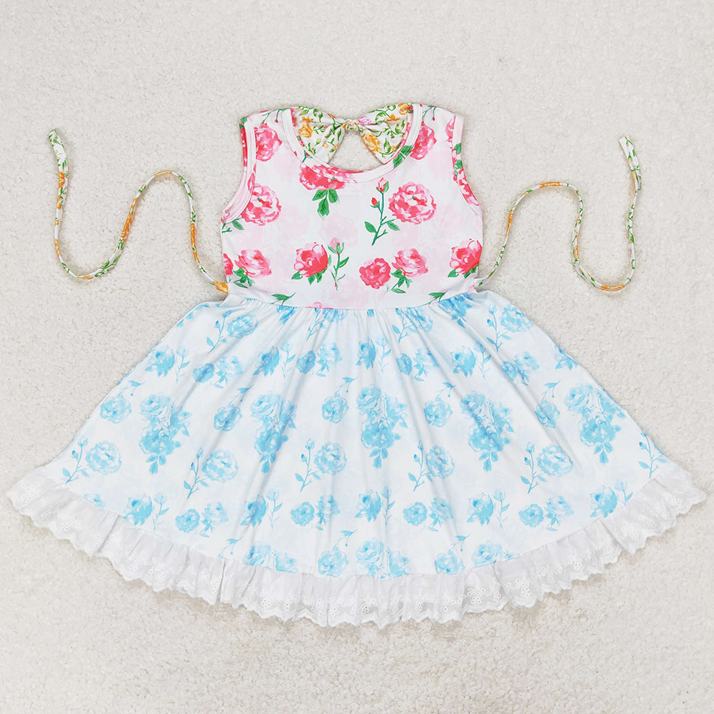 Baby Girls Dress Pink Flowers Blue Belt Floral Ruffle Knee Length Dresses GSD0987