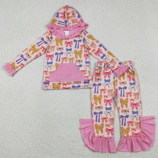 Baby Girls Clothes Colorful Bows Pockets Ruffle Hoodie Bell Bottom Pants Clothes Sets GLP3049 11.21