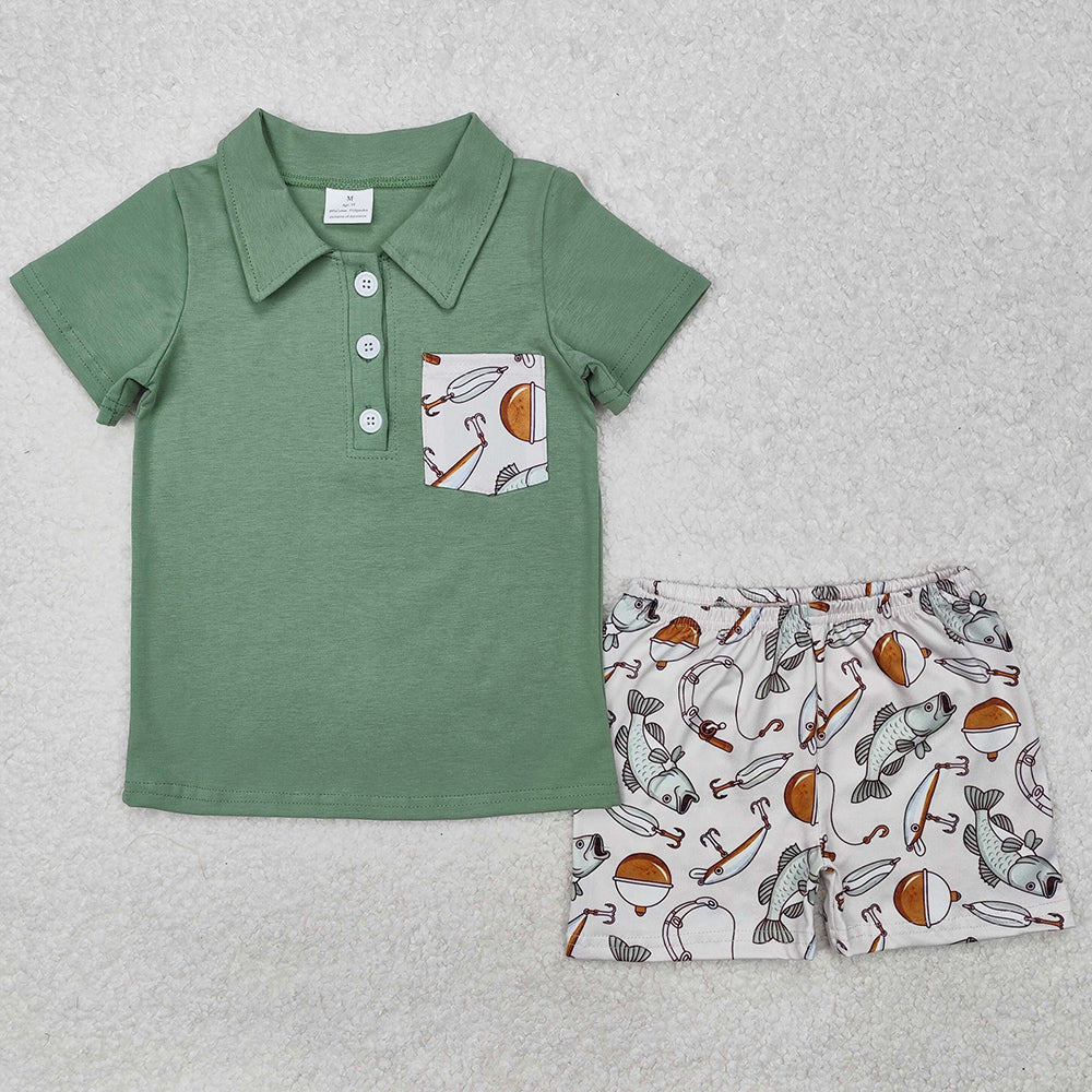 Baby Boys Clothes Green Pocket Shirts Fishing Shorts Clothes Sets BSSO1216