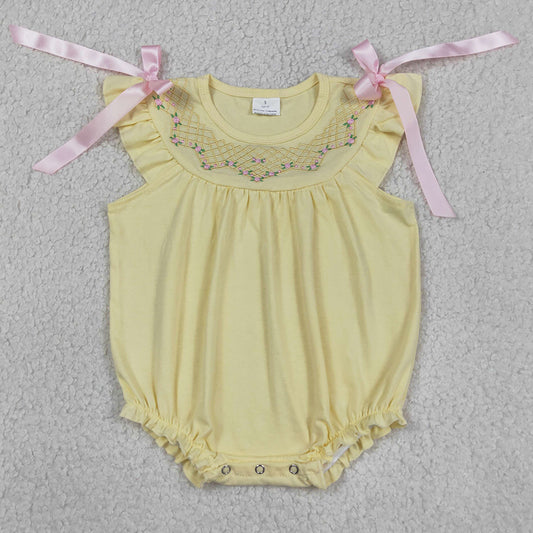 Baby Girls Rompers Embroidery Flowers Checked Bows Flutter Sleeve Ruffle Rompers SR3561