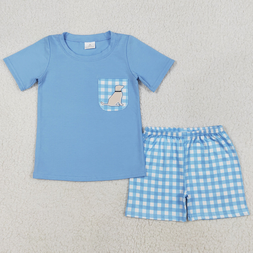 Baby Boys Clothes Blue Dog Pocket Shirt Shorts Clothes Sets BSSO1190