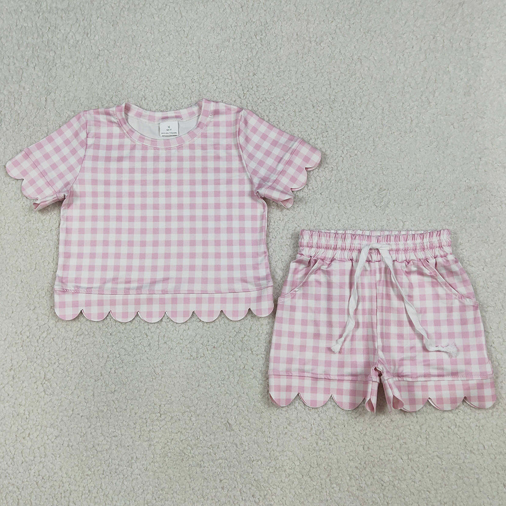 Baby Girls Clothes Short Sleeve Light Pink Checked Top Shorts Scallop Clothes Sets GSSO3183