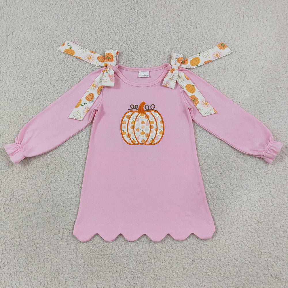 Baby Girls Dress Embroidery Pumpkins Pink Fall Scallop Knee Length Dresses GLD1642