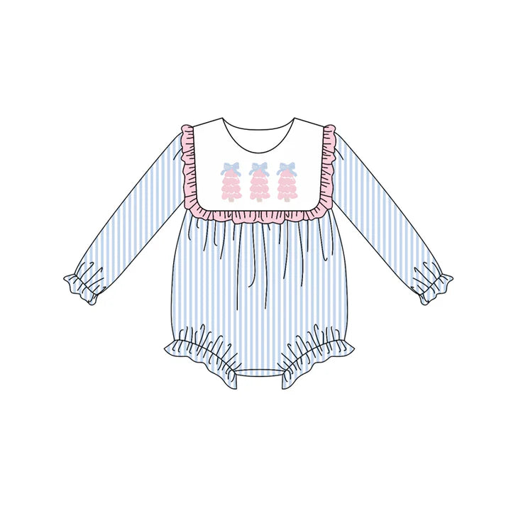 Preorder (moq 5)Baby Girls Long Ruffle Sleeves Light Blue Stripe Trees Bummies Rompers 6.13