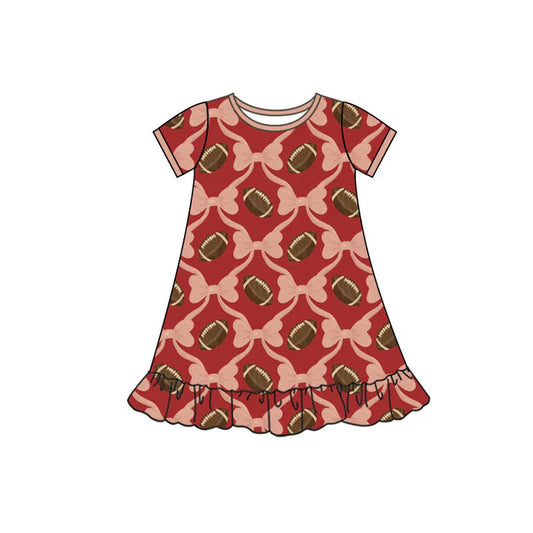 Preorder(moq 5) Baby Girls Short Sleeve Bows Footballs Checked Team Ruffle Knee Length Dresses 10.4