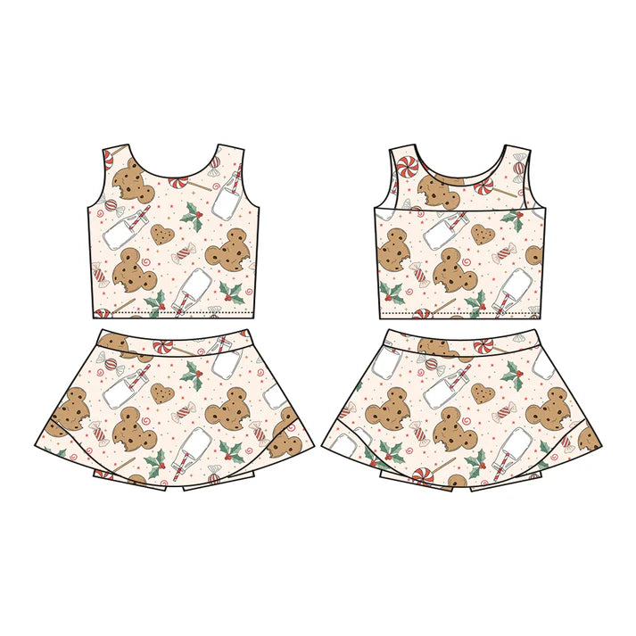 Preorder (moq 5)Baby Girls Sleeveless Mouse Cookie Milk Holly Vests Top Skorts Set 7.16