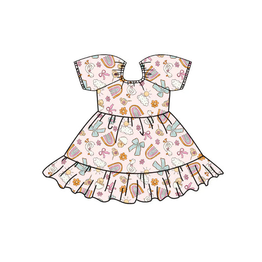 Preorder (moq 5)Baby Girls Gooses Rainbows Flowers Bows Ruffle Knee Length Dresses 12.2
