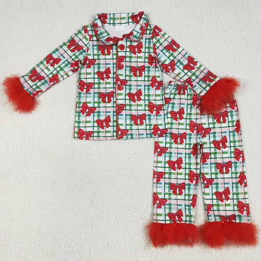 Baby Girls Pajamas Christmas Fur Sleeve Bows Buttons Top Pants Pajamas Sets GLP2372 7.9