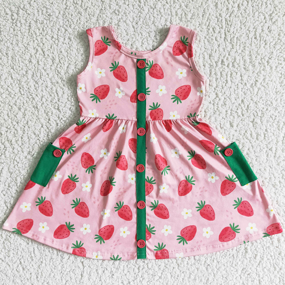 Boutique Baby Girl Dress Strawberry Print Cute Girl Dresses with Pocket GSD0037