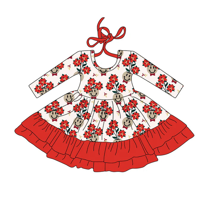 Preorder (moq 5)Baby Girls Long Sleeves Red Flowers Smiles Plaid Ruffle Knee Length Dress 7.26