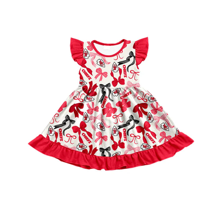 Preorder (moq 5) flutter sleeves K C bows girls team dress 8.26