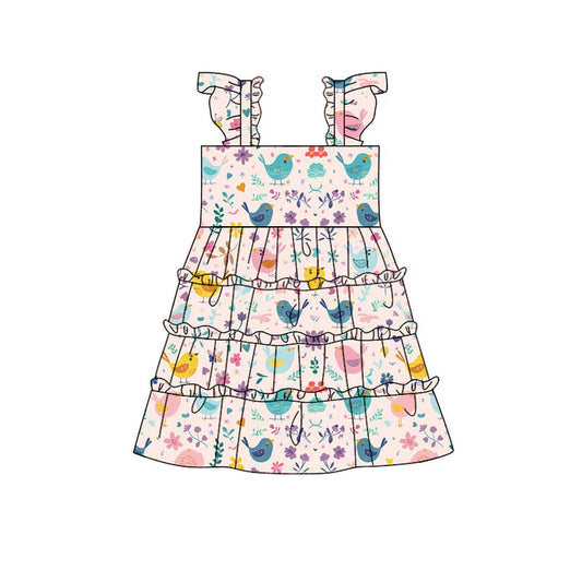 Preorder(moq 5) Baby Girls Colorful Birds Floral Patchwork Knee Length Dresses 10.29
