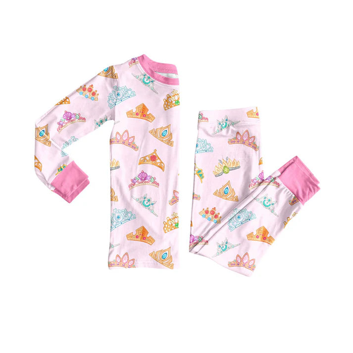 Preorder (moq 8)Baby Girls Colorful Crowns Top Pants Pajamas Sets 9.9