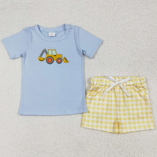 Baby Boys Clothes Digger Embroidery Shirt Checkered Shorts Clothes Sets BSSO1117