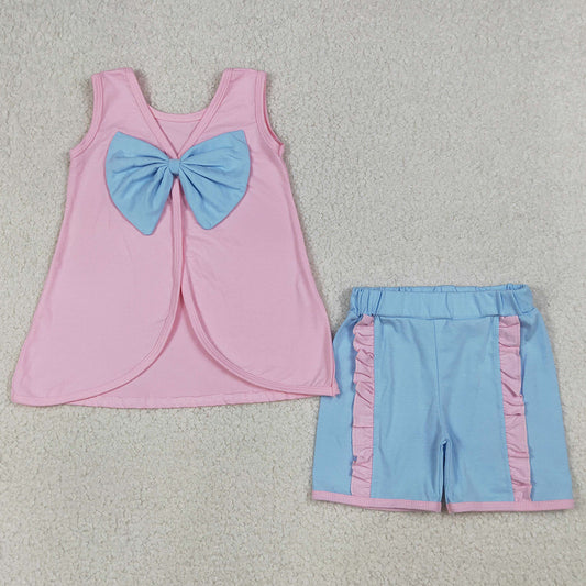 Baby Girls Clothes Pink Sleeveless Back Bows Tunic Ruffle Shorts Clothes Sets GSSO3462