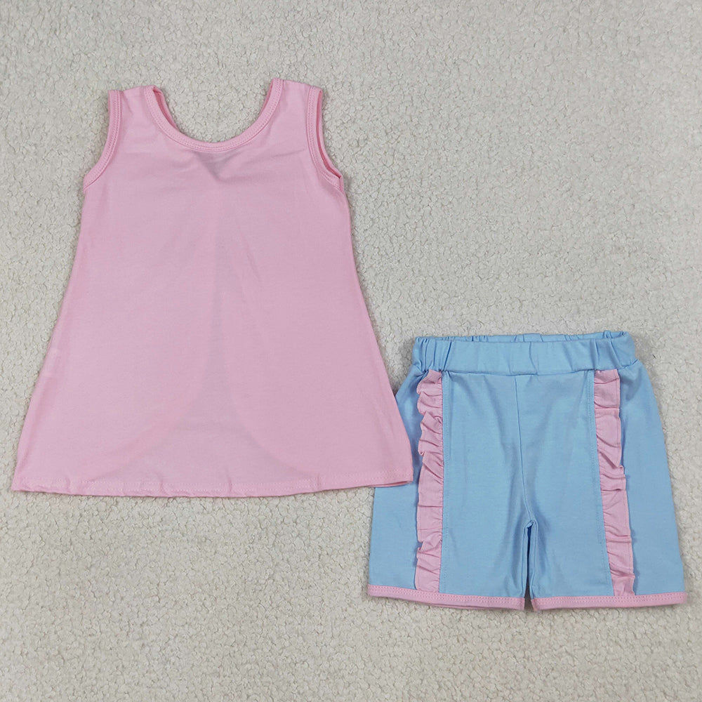 Baby Girls Clothes Pink Sleeveless Back Bows Tunic Ruffle Shorts Clothes Sets GSSO3462