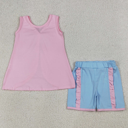 Baby Girls Clothes Pink Sleeveless Back Bows Tunic Ruffle Shorts Clothes Sets GSSO3462