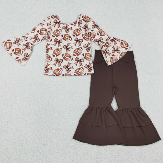 Baby Girls Clothes Bell Sleeve Footballs Bows Top Ruffle Bell Bottom Pants Clothes Set GLP2787 12.3