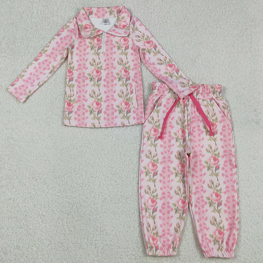 Baby Girls Clothes Pink Flowers Stripe Pockets Zipper Pullovers Jogger Yoga Active Clothes Set GLP2940 12.3