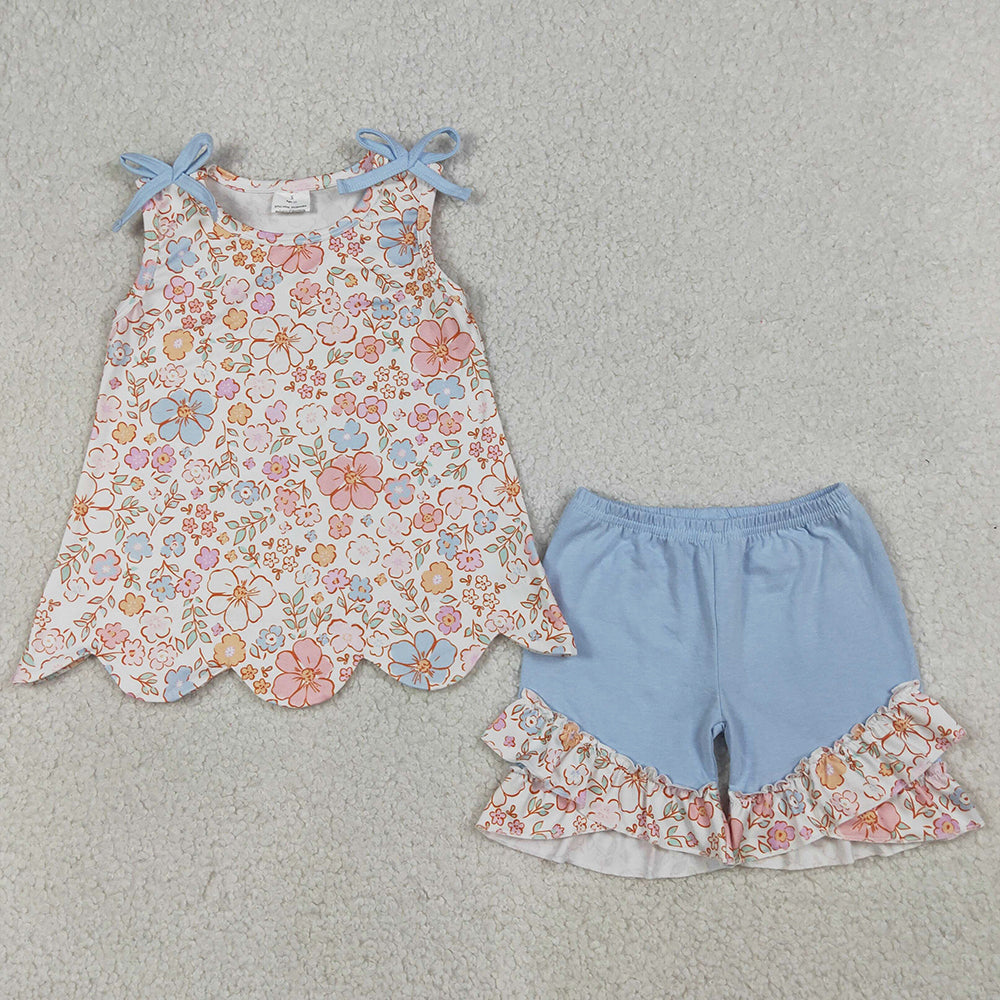 Baby Girls Clothes Sleeveless Colorful Flowers Scallop Tunic Ruffle Shorts Clothes Set GSSO3393