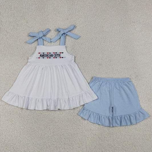 Baby Girls Clothes Embroidery American Cutie Strap Tunic Ruffle Short 4th of July Clothes Sets GSSO3480